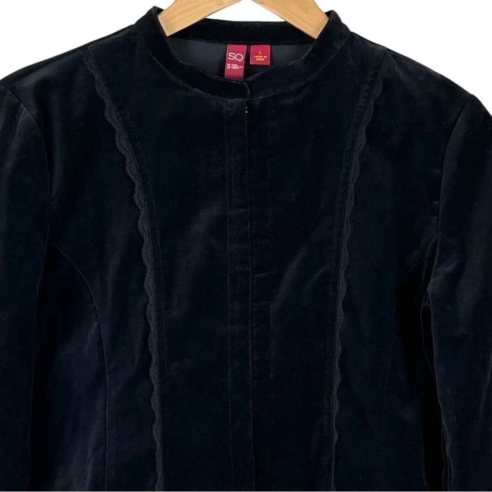 SO Black Cotton Velvet Hook & Eye Cropped Jacket Y2K Gothic Size Large